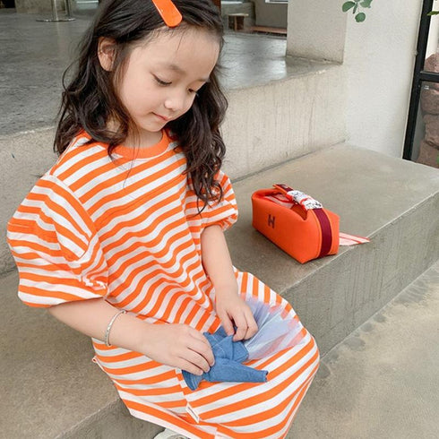Girl's Spring And Summer T-shirt Striped Long Jacket Dress